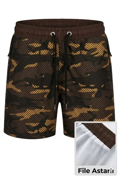 Deniz Şortu Fermuarlı Cepli File Astarlı Hızlı Kuruyan Premium - Kahverengi