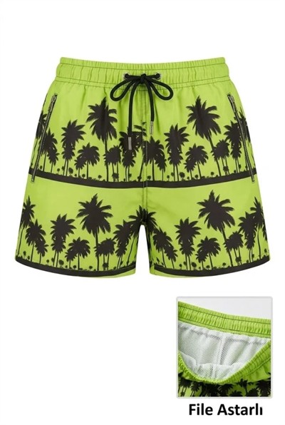 Deniz Şortu Fermuarlı Cepli File Astarlı Hızlı Kuruyan Premium - Neon Yeşili