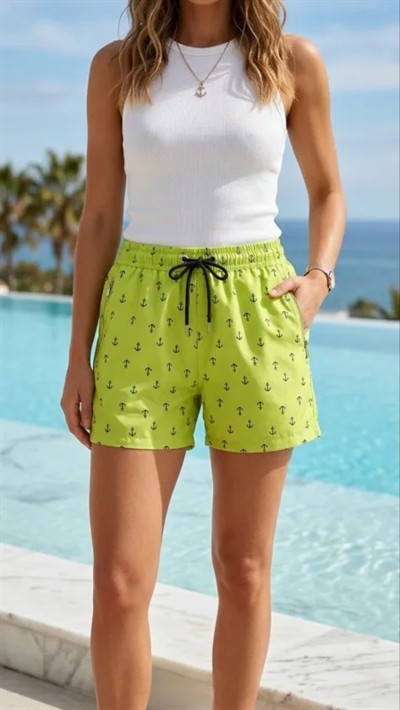 Deniz Şortu Fermuarlı Cepli File Astarlı Hızlı Kuruyan Premium - Neon Yeşili