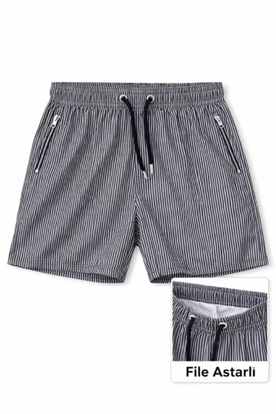 Deniz Şortu Fermuarlı Cepli File Astarlı Hızlı Kuruyan Premium - Siyah