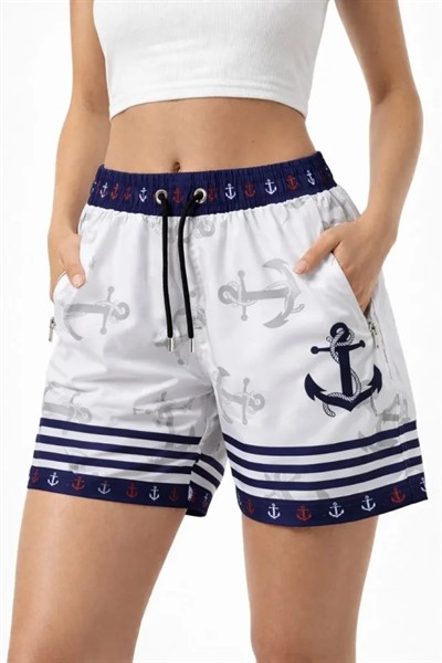 Deniz Şortu Fermuarlı Cepli File Astarlı Hızlı Kuruyan Premium - Beyaz