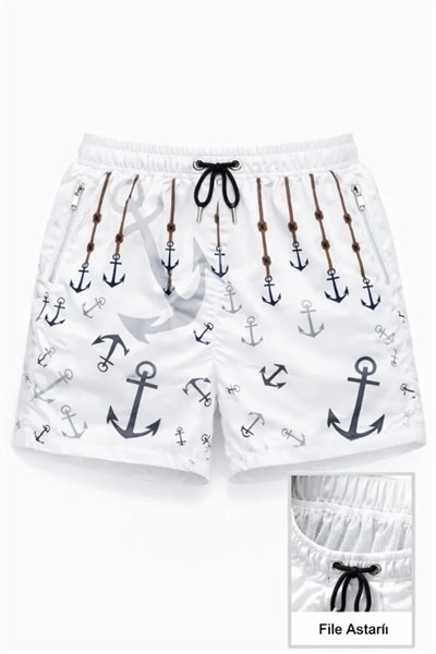 Deniz Şortu Fermuarlı Cepli File Astarlı Hızlı Kuruyan Premium - Beyaz