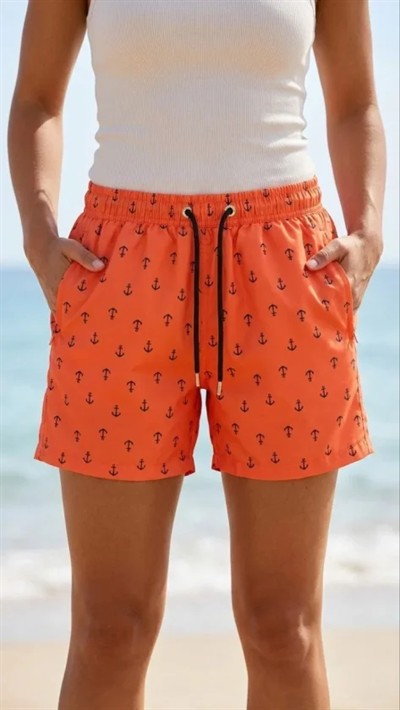 Deniz Şortu Fermuarlı Cepli File Astarlı Hızlı Kuruyan Premium - Turuncu