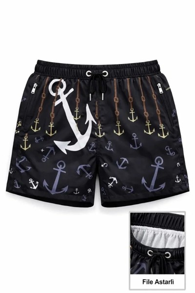 Deniz Şortu Fermuarlı Cepli File Astarlı Hızlı Kuruyan Premium - Siyah