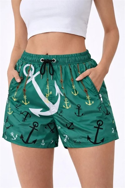 Deniz Şortu Fermuarlı Cepli File Astarlı Hızlı Kuruyan Premium - Su Yeşili
