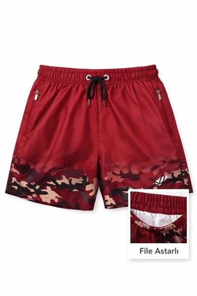 Deniz Şortu Fermuarlı Cepli File Astarlı Hızlı Kuruyan Premium - Bordo