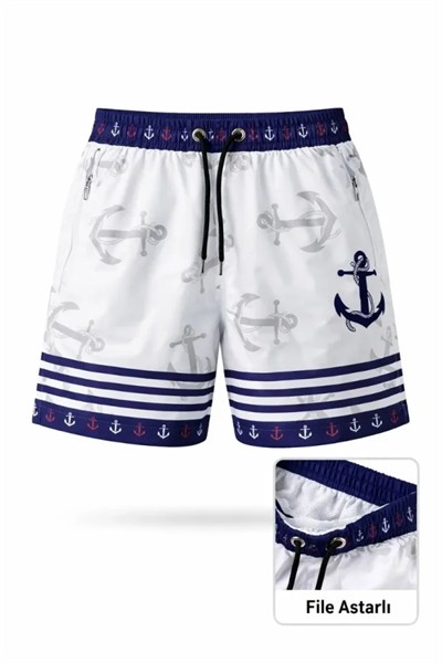 Deniz Şortu Fermuarlı Cepli File Astarlı Hızlı Kuruyan Premium - Beyaz