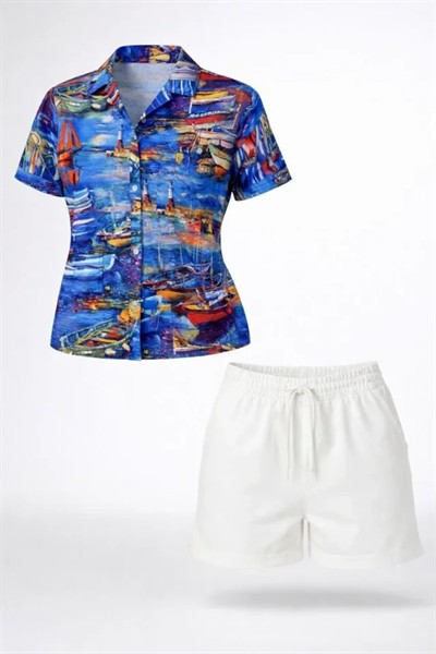 Deniz Temalı Desenli Kısa Kol Gömlek Şort Takım Yazlık Rahat Kalıp - Desenli
