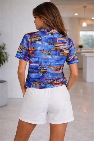 Deniz Temalı Desenli Kısa Kol Gömlek Şort Takım Yazlık Rahat Kalıp - Desenli