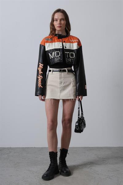 Deri Motor Biker - Siyah-Turuncu