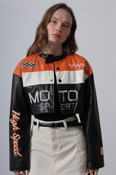 Deri Motor Biker - Siyah-Turuncu