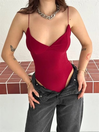 Derin Dekolte Askılı Body Sırt Dekolteli Şık Kolsuz Yazlık Bodysuit - Kırmızı