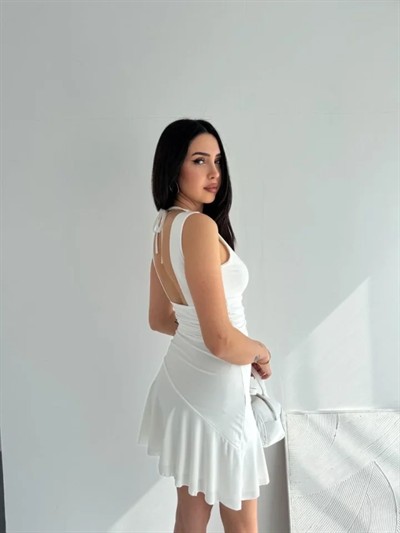 Derin V Yaka Sırt Dekolteli Mini Elbise Drapeli Şık Kolsuz - Beyaz