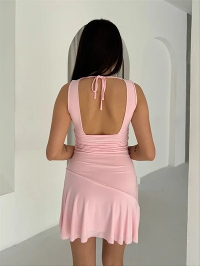 Derin V Yaka Sırt Dekolteli Mini Elbise Drapeli Şık Kolsuz - Pembe