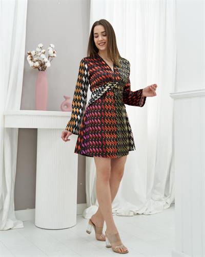 Desenli İnci Detalı Desenli Elbise