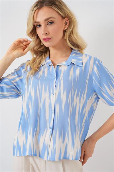 Desenli Kısa Kol Crop Gömlek 20337 - Mavi
