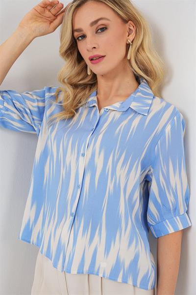 Desenli Kısa Kol Crop Gömlek 20337 - Mavi