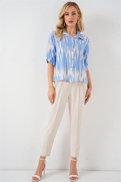 Desenli Kısa Kol Crop Gömlek 20337 - Mavi