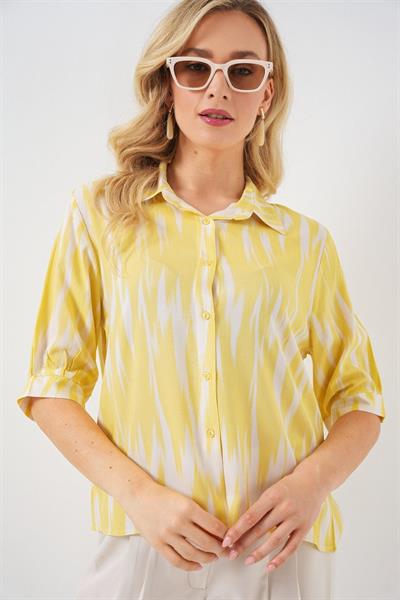 Desenli Kısa Kol Crop Gömlek 20337 - Sarı