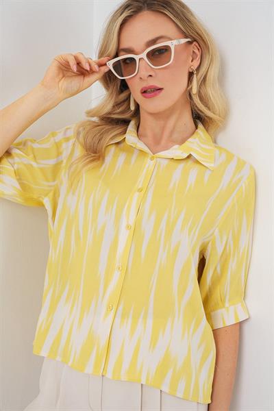 Desenli Kısa Kol Crop Gömlek 20337 - Sarı