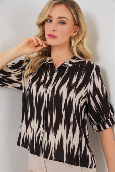 Desenli Kısa Kol Crop Gömlek 20337 - Siyah