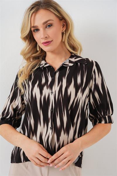 Desenli Kısa Kol Crop Gömlek 20337 - Siyah