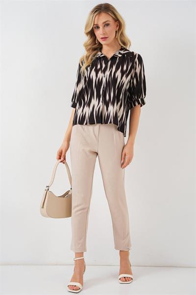 Desenli Kısa Kol Crop Gömlek 20337 - Siyah