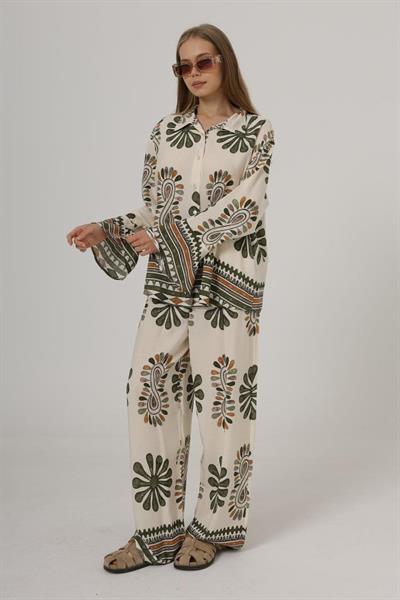 Desenli Kolları Volanlı Pantolon Takım - Haki