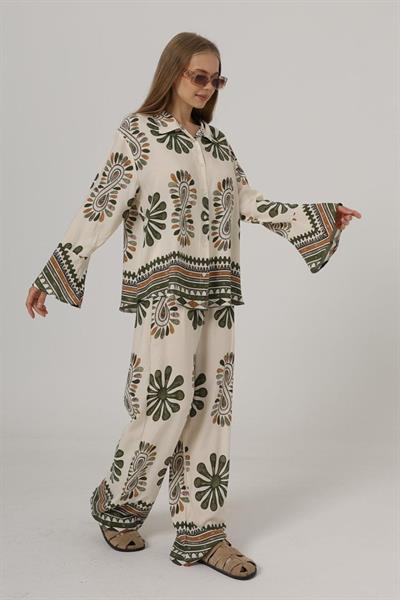 Desenli Kolları Volanlı Pantolon Takım - Haki