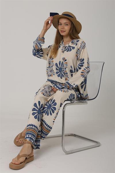 Desenli Kolları Volanlı Pantolon Takım - Mavi