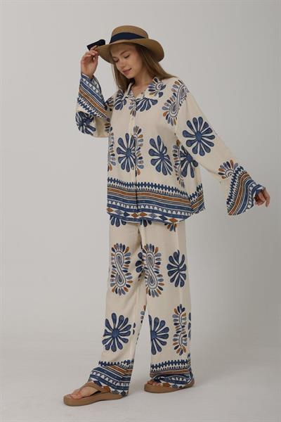 Desenli Kolları Volanlı Pantolon Takım - Mavi