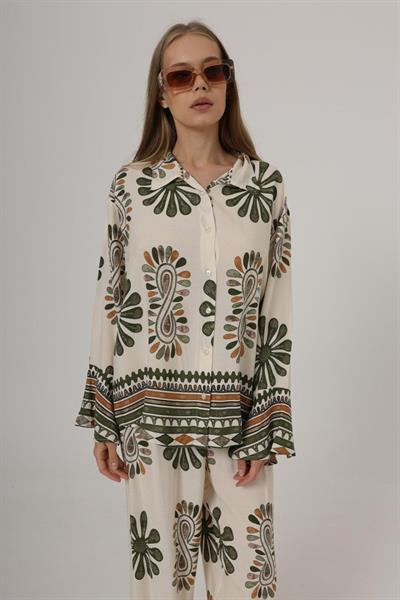 Desenli Kolları Volanlı Pantolon Takım - Haki