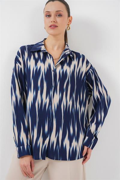 Desenli Oversize Gömlek 20301 - Lacivert