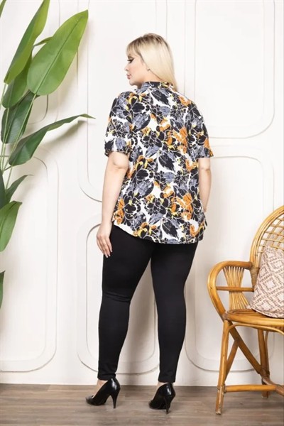 Desenli Püsküllü Viskon Bluz Bebe Yaka Kısa Kollu Big Size Rahat Kesim - Desenli