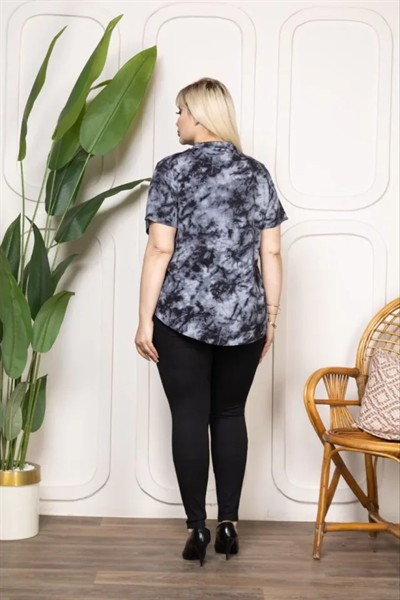 Desenli Püsküllü Viskon Bluz Bebe Yaka Kısa Kollu Big Size Rahat Kesim - Desenli