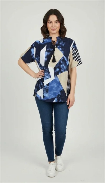 Desenli Püsküllü Viskon Bluz Bebe Yaka Kısa Kollu Big Size Rahat Kesim - Desenli