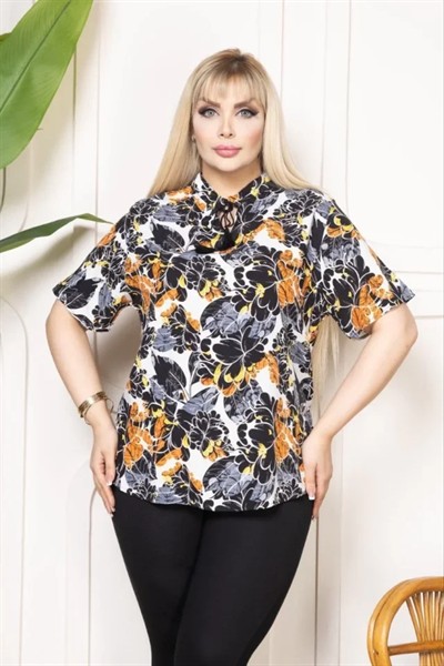 Desenli Püsküllü Viskon Bluz Bebe Yaka Kısa Kollu Big Size Rahat Kesim - Desenli