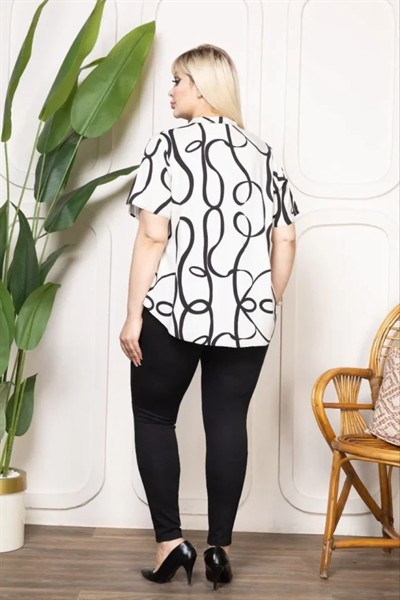 Desenli Püsküllü Viskon Bluz Bebe Yaka Kısa Kollu Big Size Rahat Kesim - Desenli