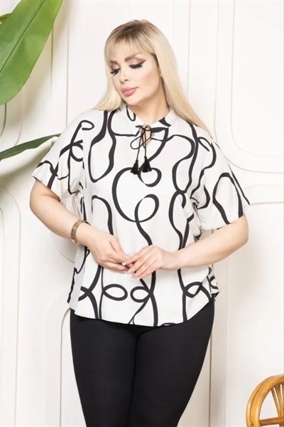 Desenli Püsküllü Viskon Bluz Bebe Yaka Kısa Kollu Big Size Rahat Kesim - Desenli
