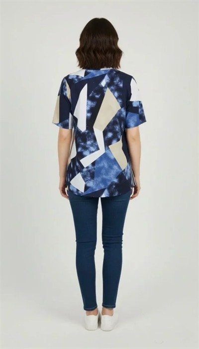 Desenli Püsküllü Viskon Bluz Bebe Yaka Kısa Kollu Big Size Rahat Kesim - Desenli