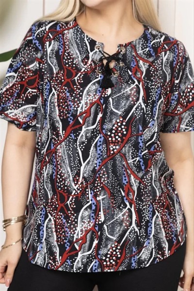 Desenli Püsküllü Viskon Bluz Bebe Yaka Kısa Kollu Big Size Rahat Kesim - Desenli