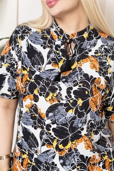 Desenli Püsküllü Viskon Bluz Bebe Yaka Kısa Kollu Big Size Rahat Kesim - Desenli