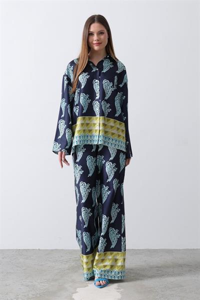 Desenli Saten Bol Takım - İndigo