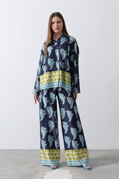 Desenli Saten Bol Takım - İndigo