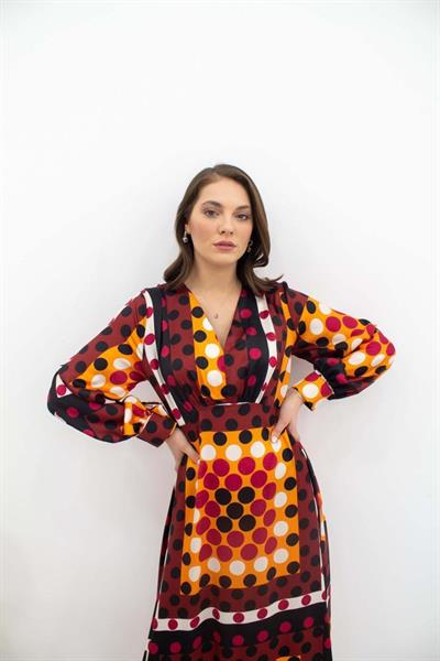 Desenli Saten Uzun Elbise