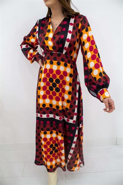 Desenli Saten Uzun Elbise