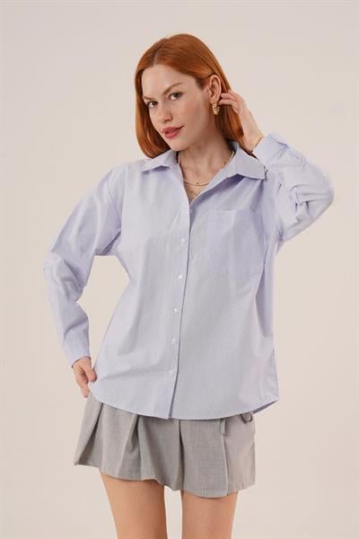 Desenli Tek Cepli Düğmeli Mavi Gömlek