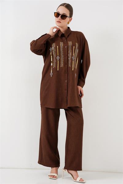 Desenli Tunik Pantolon İkili Takım 6720 - Kahverengi