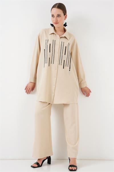 Desenli Tunik Pantolon İkili Takım 6720 - Krem