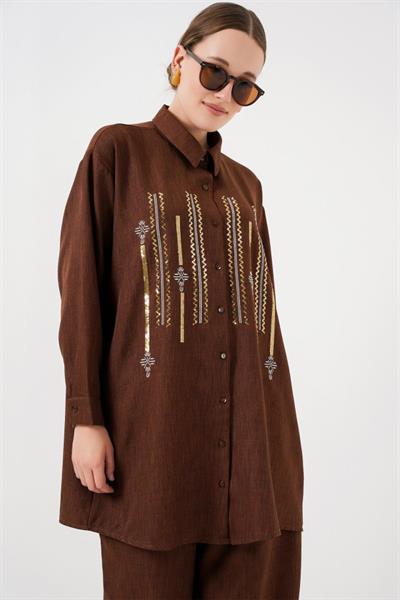 Desenli Tunik Pantolon İkili Takım 6720 - Kahverengi